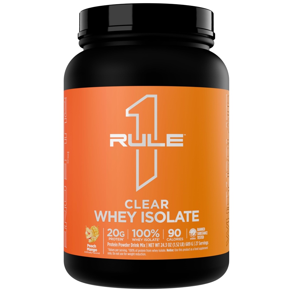 Rule 1 Proteins Clear Whey Isolate, Peach Mango, 27 Servings | 20g All-Whey Isolate Protein Mix, Over 9g EAAs, 90 Calories, Zero Sugar, Easy to Digest, Light, Crisp, and Refreshing Taste