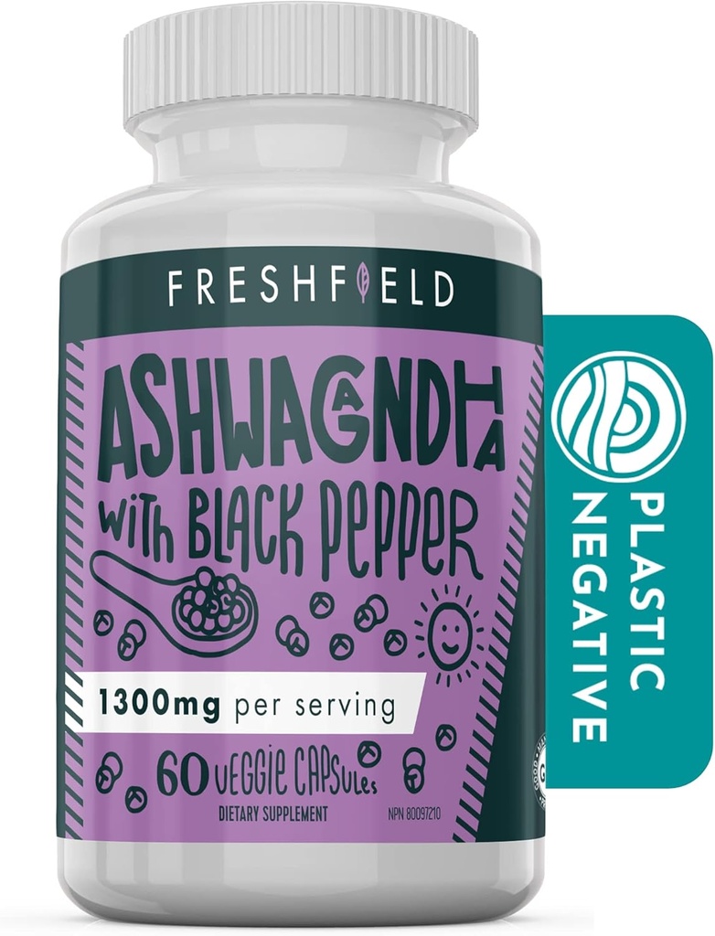 Ashwagandha Freshfield avec poivre noir. Supplément Vegan Friendly pour support de fatigue adrénale, mémoire musculaire, thyroïde et force. Toutes les capsules naturelles 1300mg