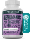 Ashwagandha Freshfield avec poivre noir. Supplément Vegan Friendly pour support de fatigue adrénale, mémoire musculaire, thyroïde et force. Toutes les capsules naturelles 1300mg