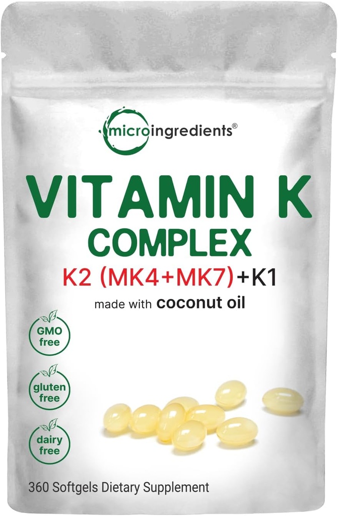 Micro-ingrédients Complexe Super Vitamine K (K2 MK7 + MK4 & K1), 360 Huile de coco Softgles.