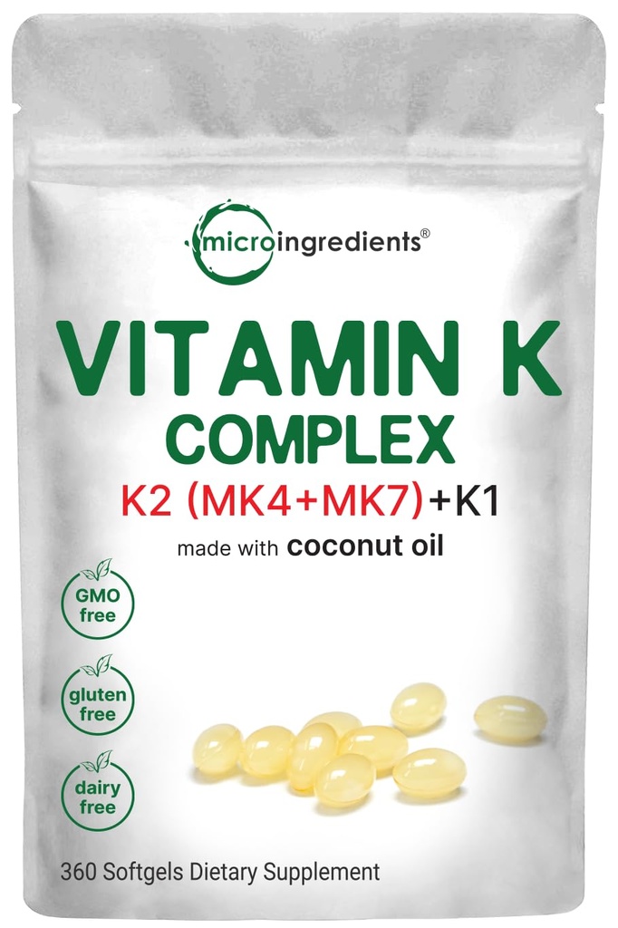 Super Vitamin K Complex (K2 MK7 + MK4 & K1), 360 Coconut Oil Softgles | Easily Absorbed K Vitamins, Active Menaquinone Complex | Non-GMO