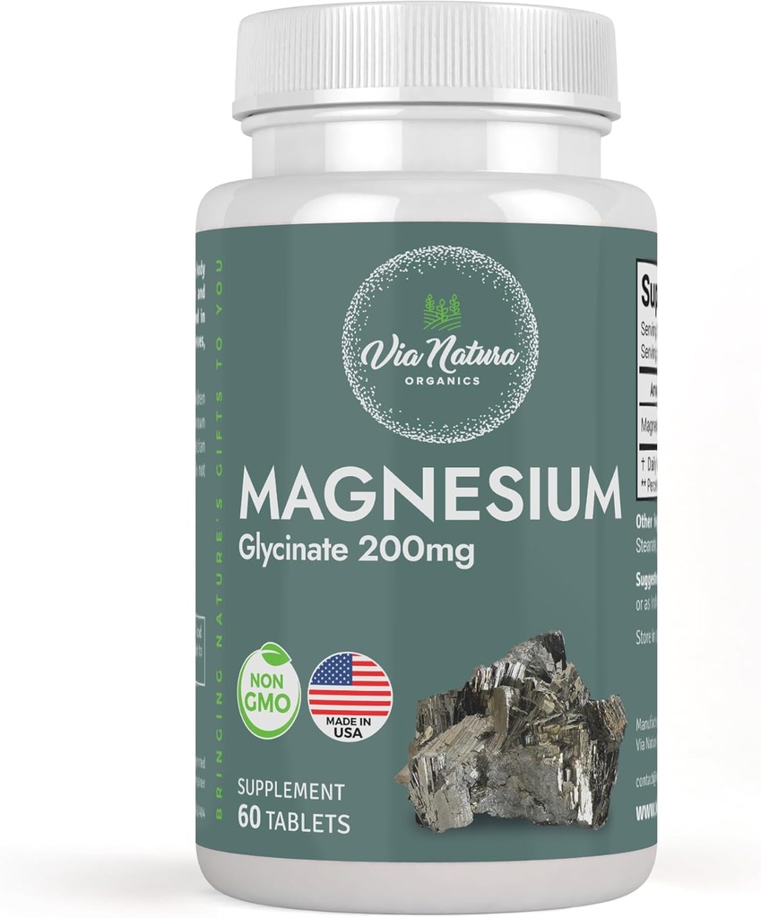 Magnesium Glycinate 200 mg | Gluten Free | Non-GMO | 60 Tables by Via Natura Organics