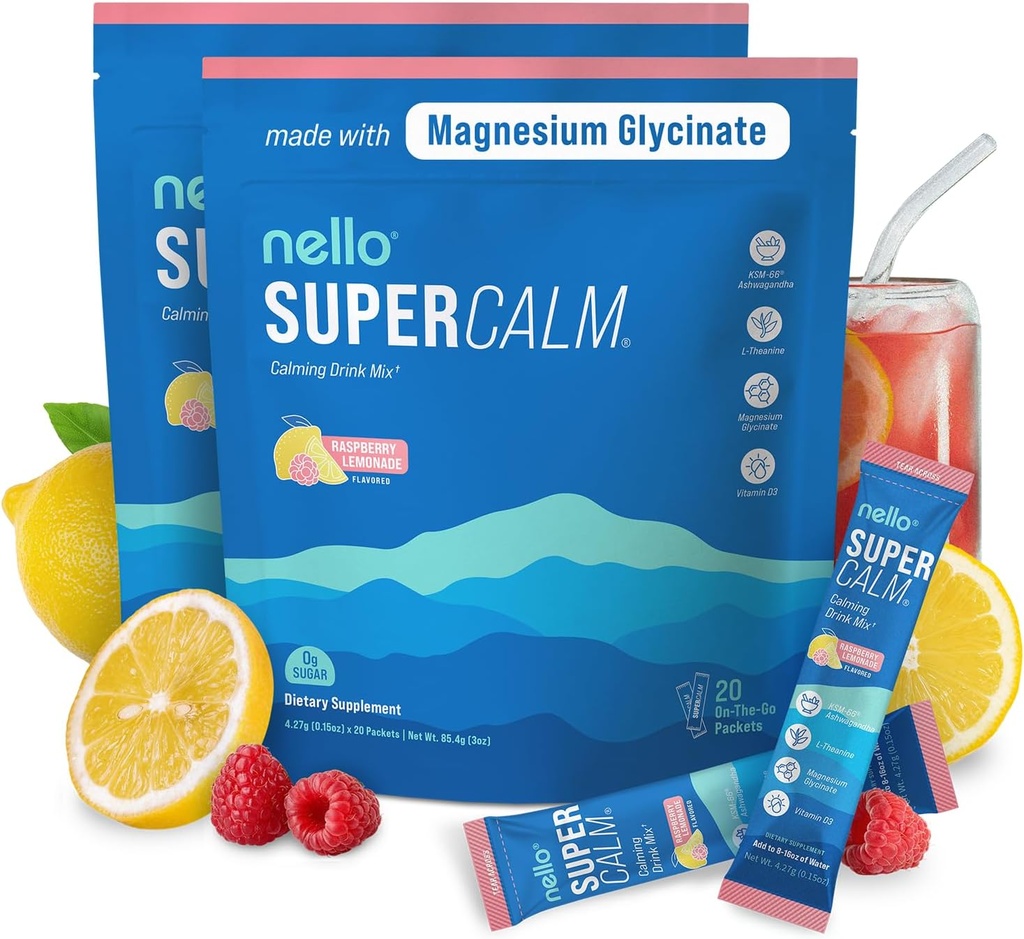 Nello Supercalm Powdered Drink Mix, Raspberry Lemonade, L Theanine, Ksm-66 Ashwagandha, Magnésium Glycinate, Vitamine D 3, Suppléments pour la relaxation et la concentration, Pas de sucre, Non OGM, En route, (2-pack)