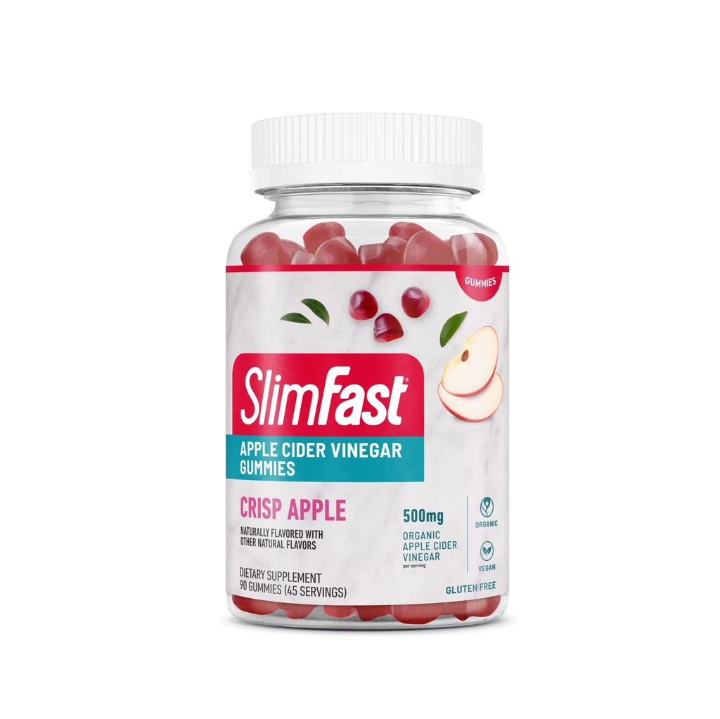 SlimFast Apple Cider Vinegar Gummies, Dietary Supplement with 500mg Organic Apple Cider Vinegar per Serving, Crisp Apple Flavor, 45 Servings (Packaging May Vary)