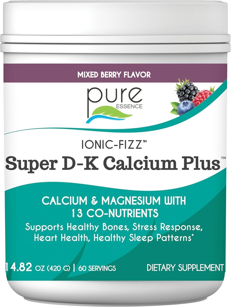 Ionic Fizz Super D-K Calcium Plus par Essence Pure - avec Extra Magnésium, Vitamine D3, Vitamine K2 pour les os forts et support de stress - Berry mixte - 14.82oz