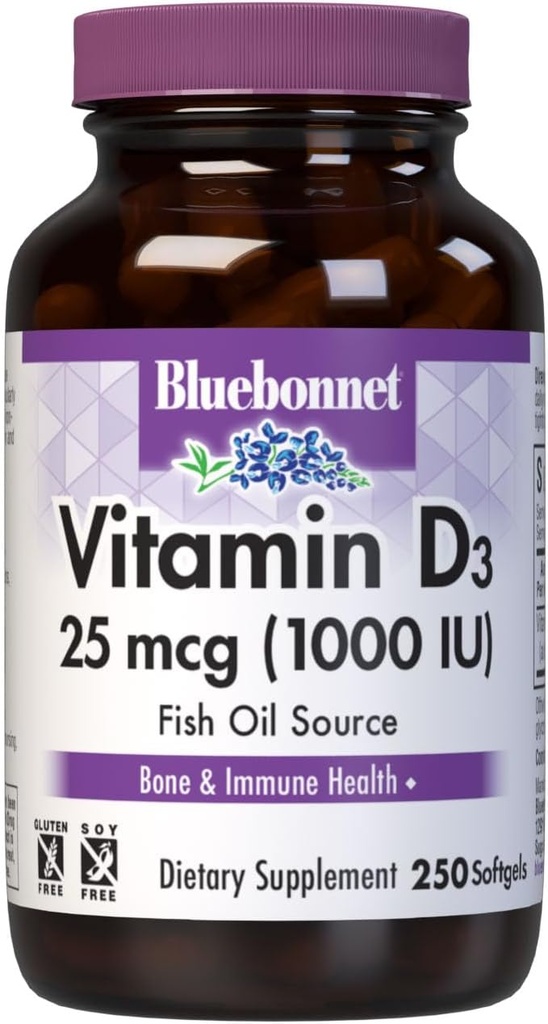 Bluebonnet Nutrition Vitamine D3 1000 UI Softgels, Aide à la croissance musculaire et squelettique, Cholecalciferol de l'huile de poisson, Non OGM, Sans gluten, Sans soja, Sans lait, 250 Softgels