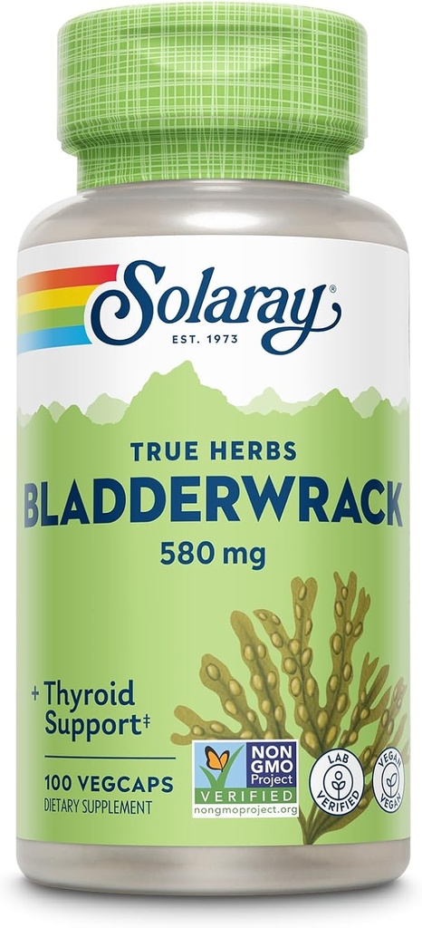 SOLARAY Bladderwrack Capsules 580 mg - Supplément d'algues emballées en nutriments, haute teneur en iode - Support à base de plantes équilibré - Vegan, non-OGM, garantie de 60 jours, laboratoire vérifié - 100 portions, 100 VegCaps