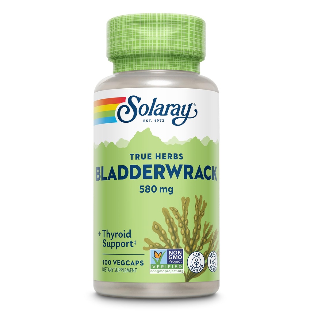 SOLARAY Bladderwrack Capsules 580 mg - Supplément d'algues emballées en nutriments, haute teneur en iode - Support à base de plantes équilibré - Vegan, non-OGM, garantie de 60 jours, laboratoire vérifié - 100 portions, 100 VegCaps
