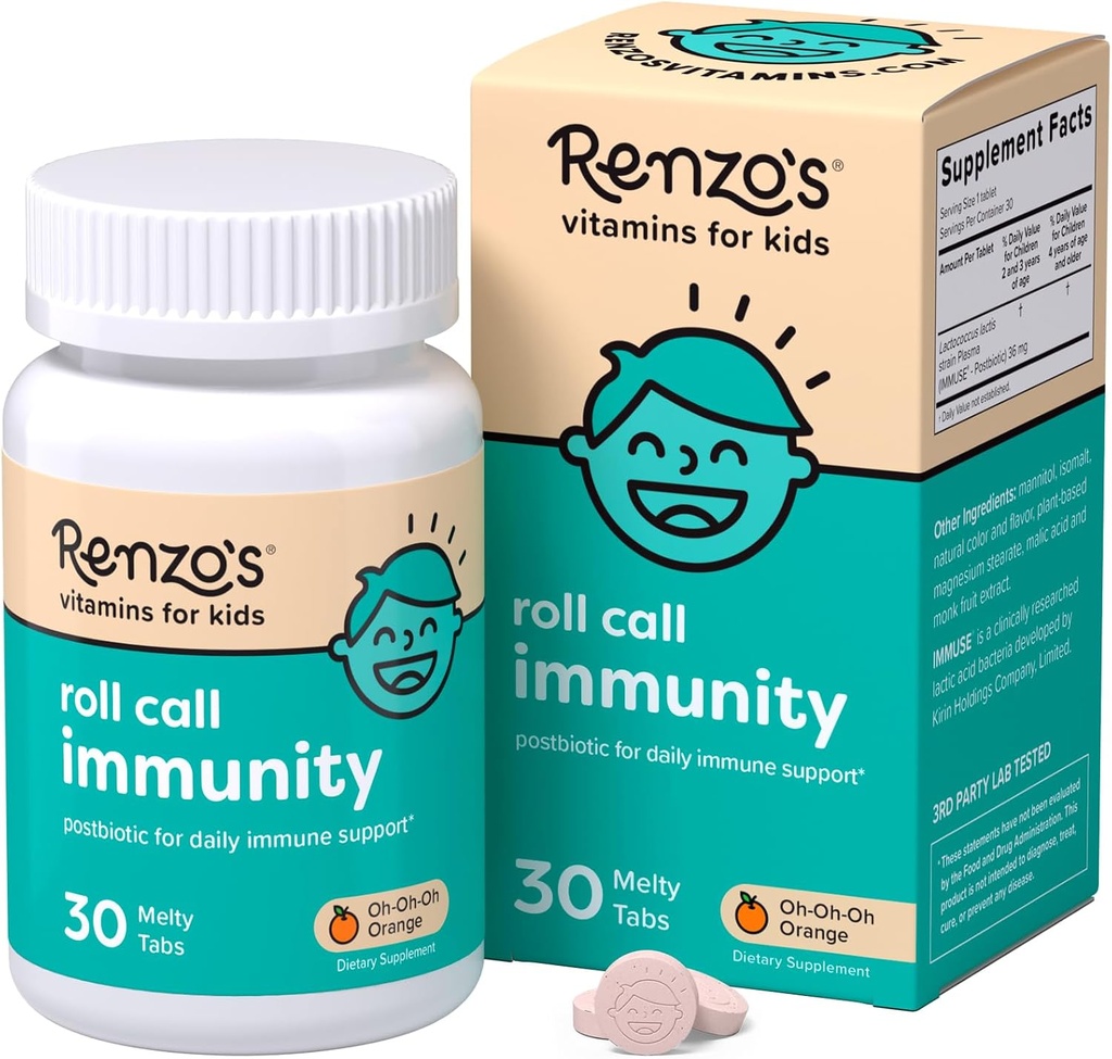 Renzo's Roll Call Immunity - Supplément de soutien immunitaire pour enfants dissolvables avec IMMUSE Vitamines postbiotiques, sans sucre pour enfants, 30 onglets à saveur orange