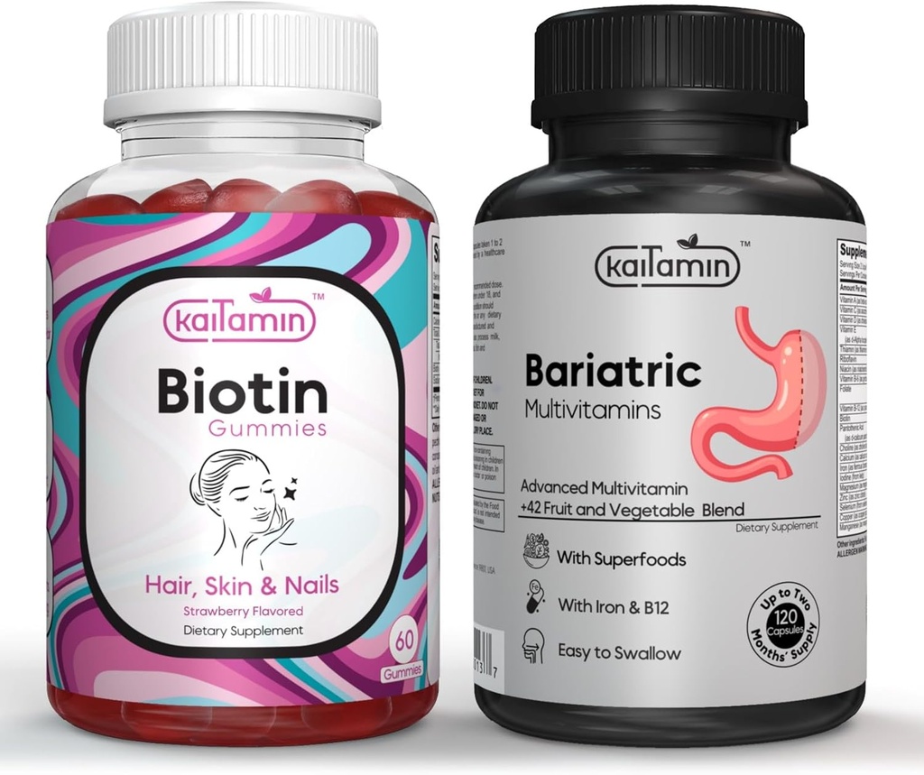 Multivitamine bariatrique avec fer pour la chirurgie post-maritale + vitamine de biotine B7 Gommies 5000 mcg par portion - avec l'huile de ronce et de mûre (Bundle)