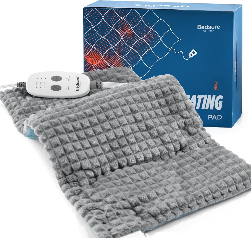 Pad de chauffage de lit pour le cou et les épaules et le dos, Pad chauffant pondéré avec vibration, articles admissibles FSA, Cadeaux d'anniversaire pour femmes Hommes Maman Hommes, fermeture automatique, 5lbs 12" x 24", Gris