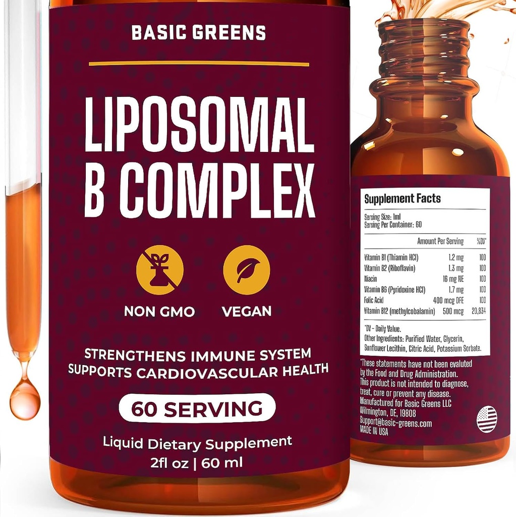 Liposomique B Vitamines complexes liquides – haute absorption pour l'énergie, le cerveau et la santé de la peau, cheveux et ongles, livraison liposomique avancée, végétalien, non-OGM, 2 Fl Oz
