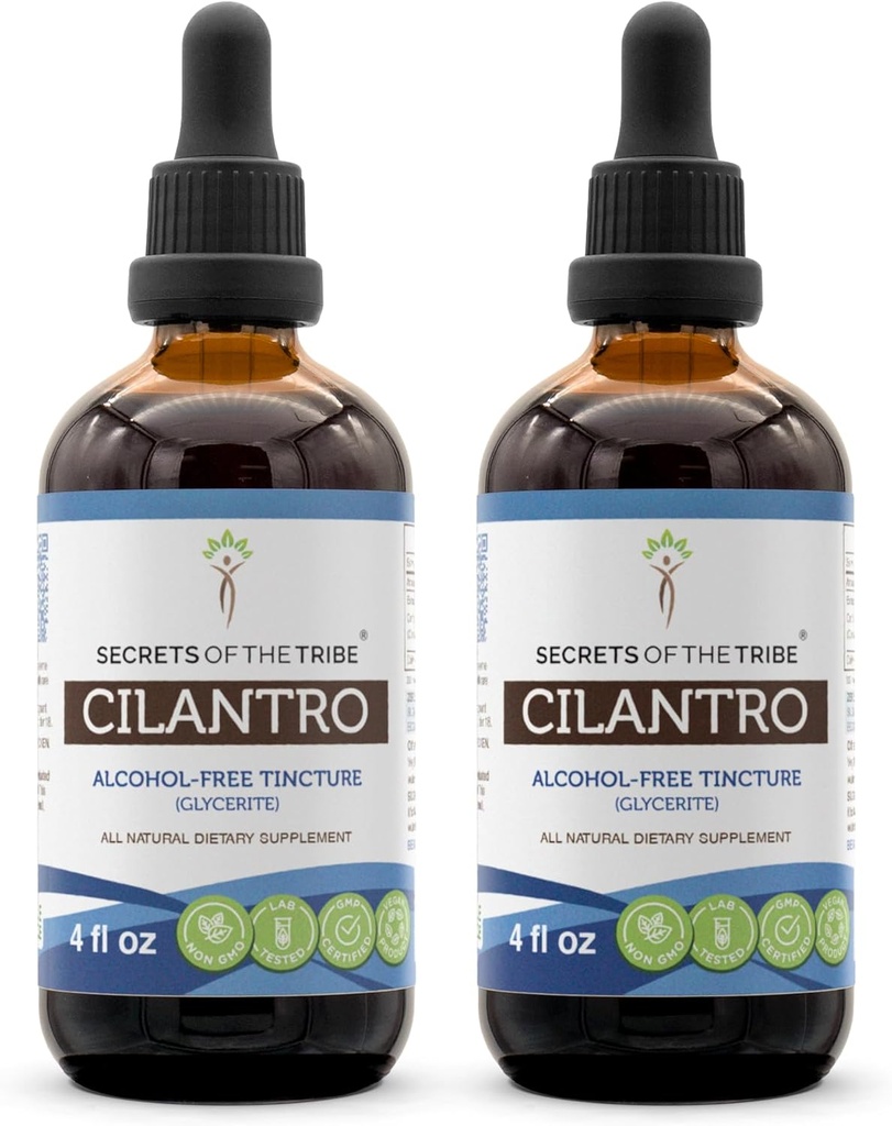 Secrets de l'extrait liquide sans alcool de la tribu Cilantro, supplément de teinture de feuille séchée de Cilantro (2x4 FL OZ)