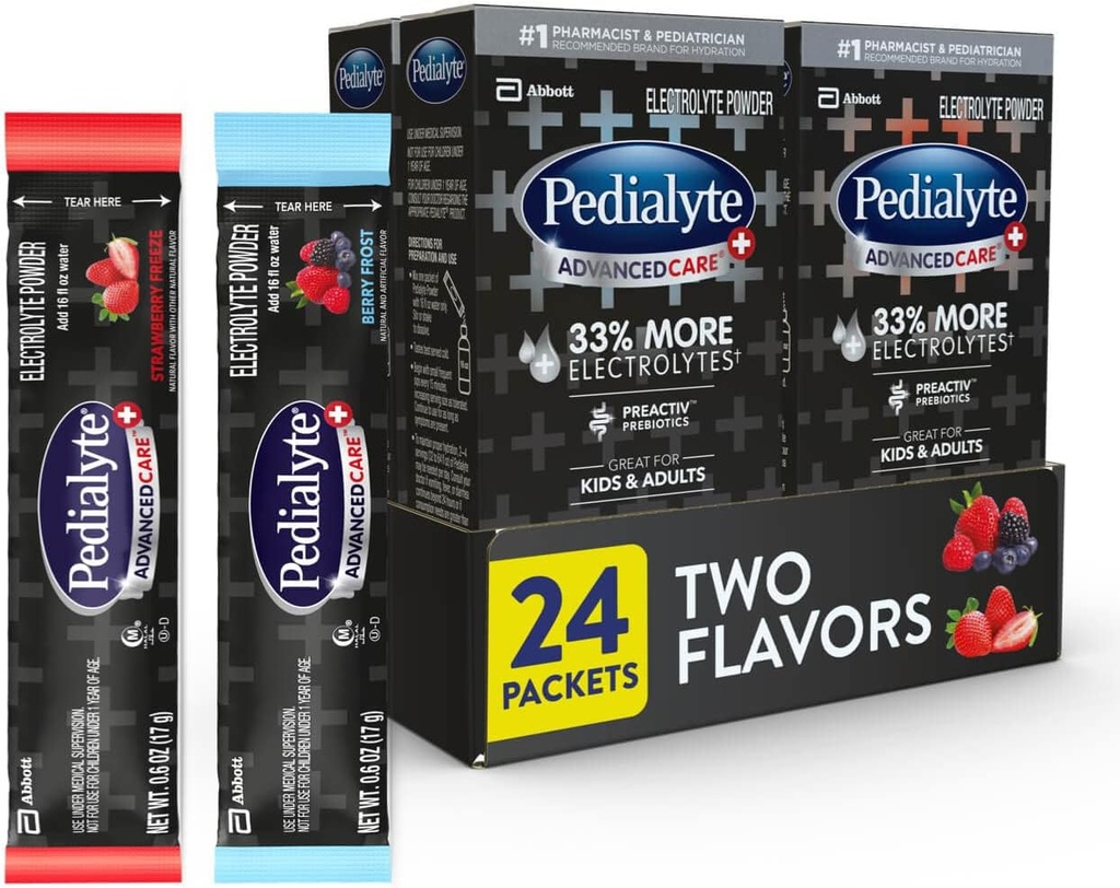 Pedialyte AdvancedCare Plus Poudre d'électrolyte, a 33 % plus d'électrolytes et prébiotiques préactivés, lot de variétés: gel de baies et fraises, 24 paquets de poudre