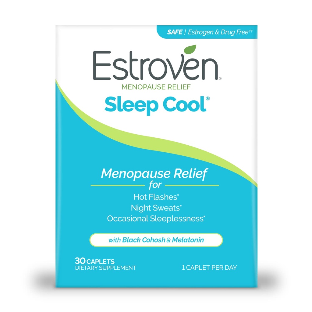 Estroven Sleep Cool pour le soulagement de la ménopause, 30 Ct, Supplément de soutien de sommeil avec des ingrédients cliniquement prouvés pour soulager les symptômes de la ménopause plus les sueurs nocturnes et le soulagement du flash chaud, le médicament-non et le gluten-non
