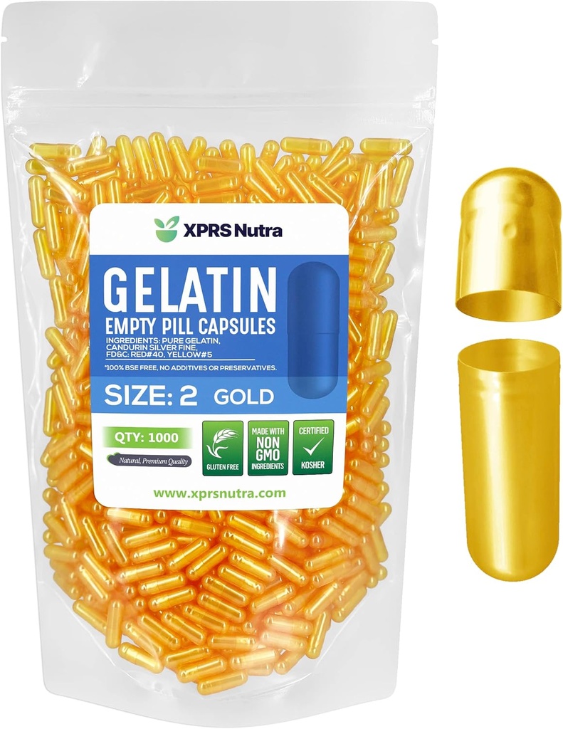 XPRS Nutra Taille 2 Capsules vides - 1000 Compte Capsules de gélatine vides - Pills Bricolage Capsule Remplissage - Pure Pill Gel Caps pour Do-It-Youlf Suppléments (Or)