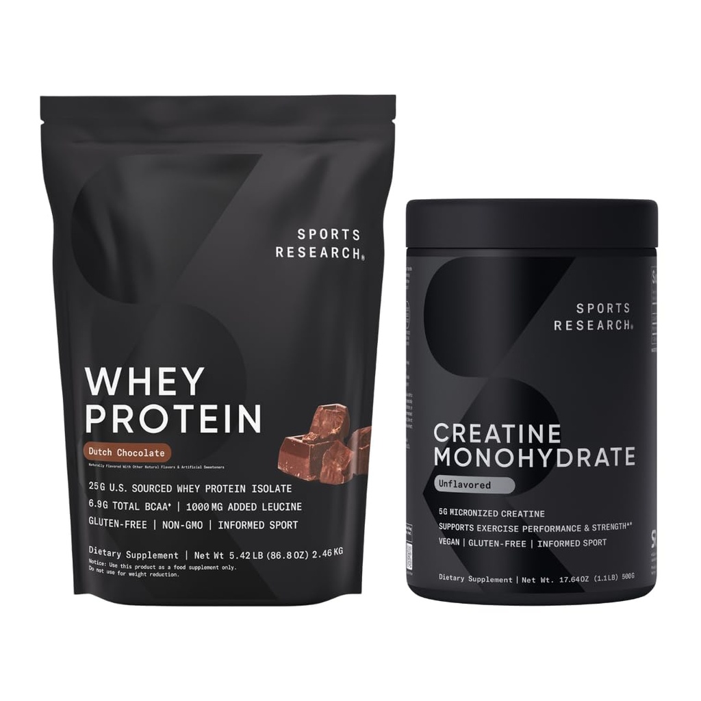 Sports Research® Creatine Monohydrate (1,1 LBS) et la protéine hollandaise Whey Chocolate (5,42 LBS), le duo dynamique pour la musculation maigre, l'amélioration des performances et la récupération de la force et de l'entraînement