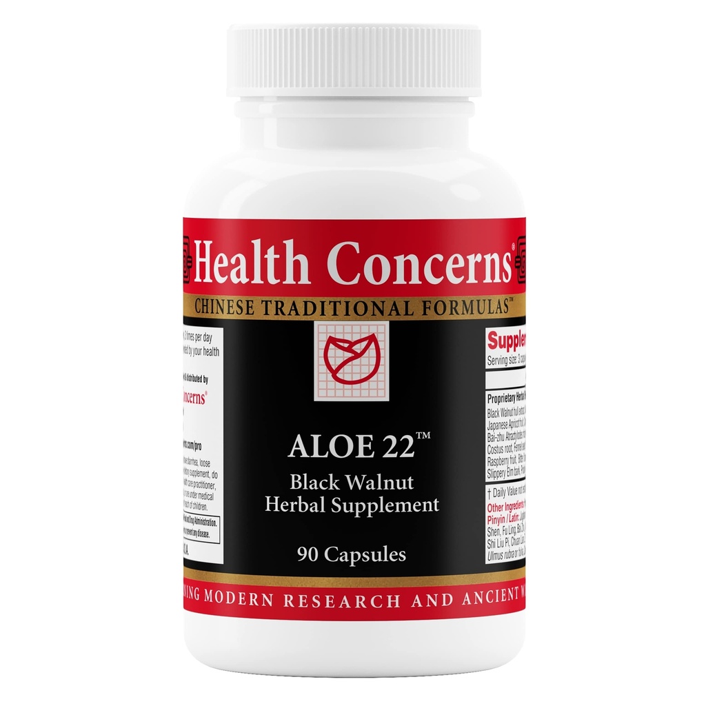 Préoccupations de santé Aloe 22 – Soutien digestif et nettoyage intestinal – Constipation, Bloating et supplément de détox parasite – Black Walnut, Ginger, Myrobalan & Aloe Vera – 90 capsules