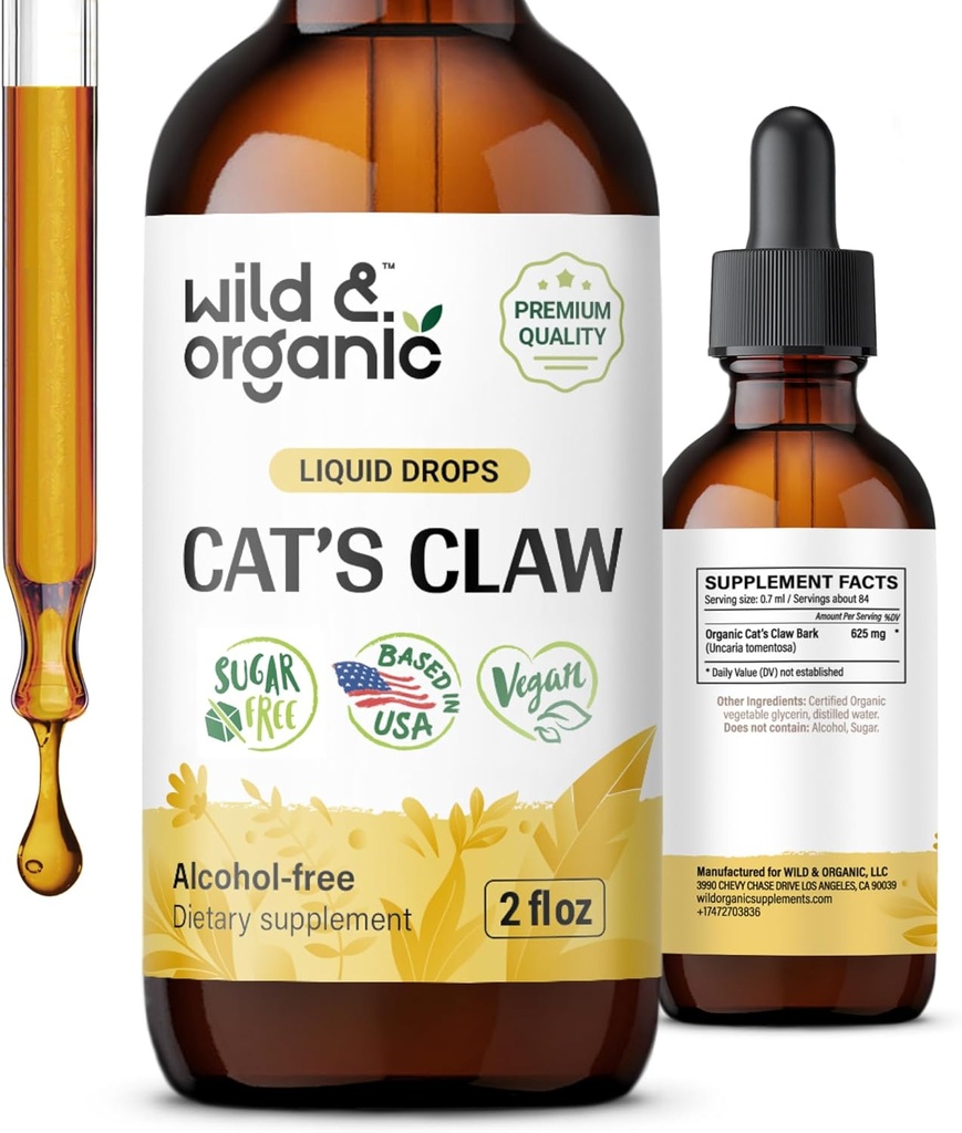 Chats sauvages et biologiques Teinture de griffes - Supplément de soutien immunitaire - Supplément de griffes de chats liquides - gouttes d'extrait d'écorce végétalienne, sans sucre et sans alcool - 2 fl oz
