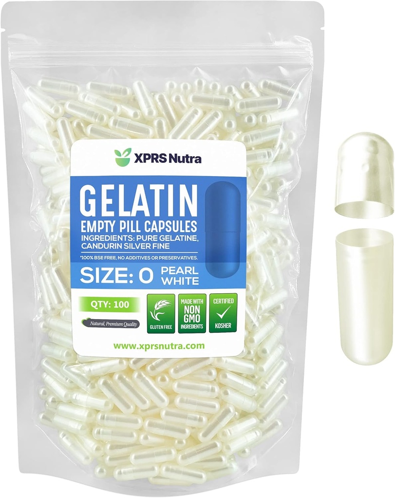 XPRS Nutra Taille 0 Capsules vides - 500 Compte Capsules de gélatine vides - Pills Bricolage Capsule Remplissage - Pure Pill Gel Caps pour Do-It-Youlf Suppléments (Pearl White)