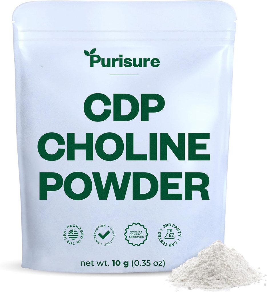 Purisure CDP Choline Powder, 10g, CDP Choline Suppléments qui soutiennent l'attention, la concentration et l'énergie, Citicoline Powder pour la fonction cognitive, augmente la motivation et la productivité, 40 services
