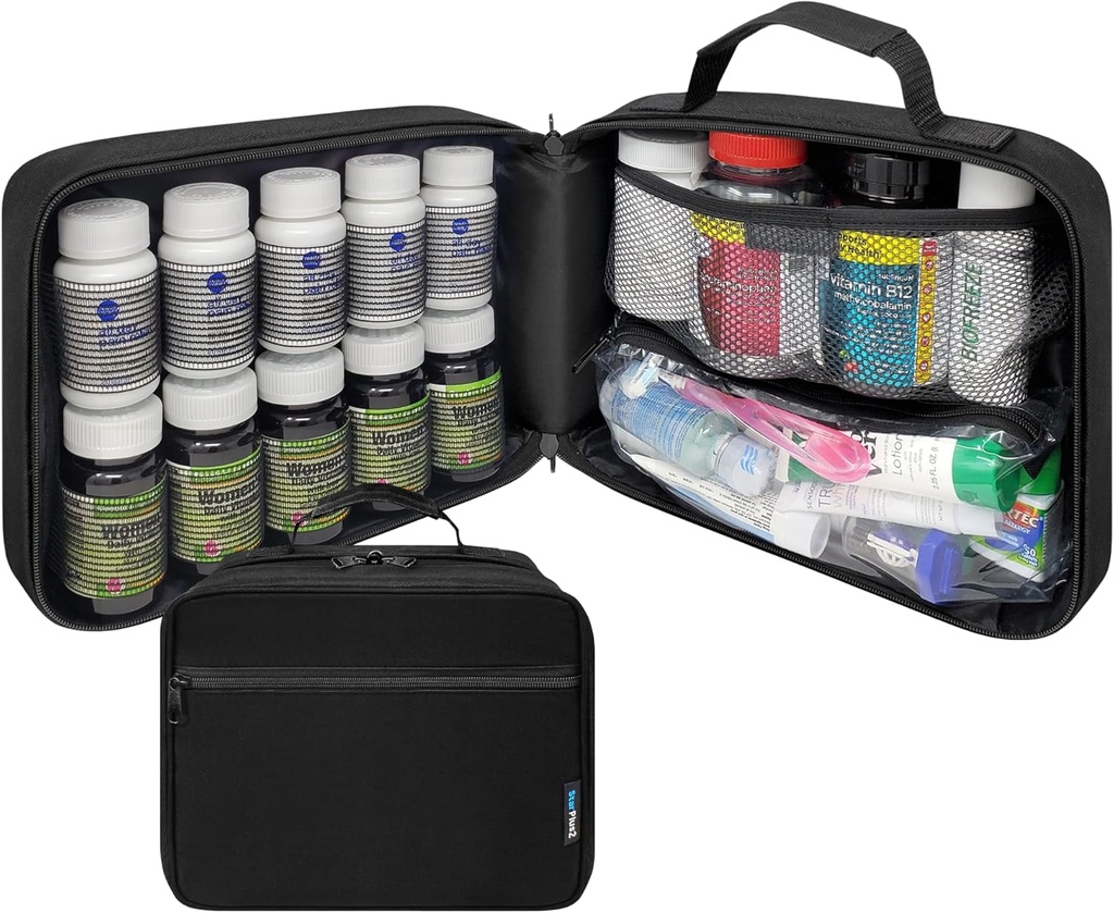 Grand organisateur de bouteille de pilule, sac de médecine, porte-médicaments, vitamines et fournitures médicales - organisateur de médecine de voyage et sac de rangement avec bandes élastiques - noir (sans serrure)