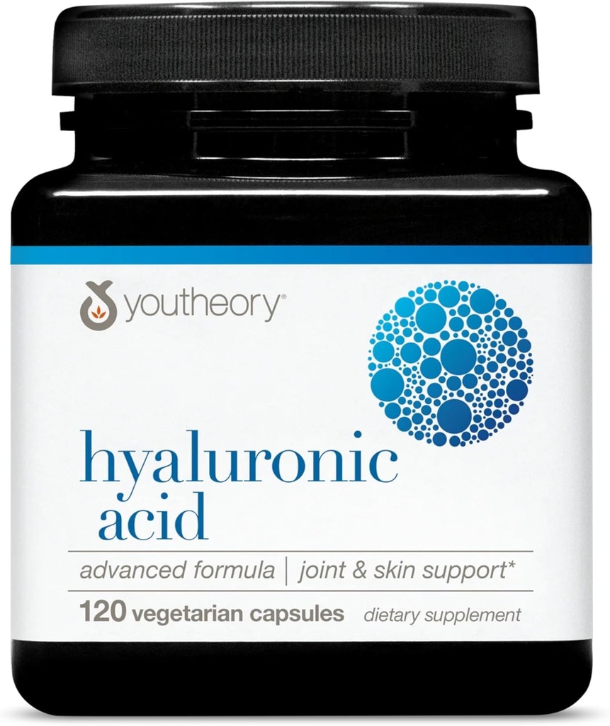 Youtheory Hyaluronique Acid Advanced Formula - Supplément de soutien mixte avec Boswellia Extract* - Supplément santé de la peau - Sans lait, sans soja et sans gluten - 120 Capsules végétariennes