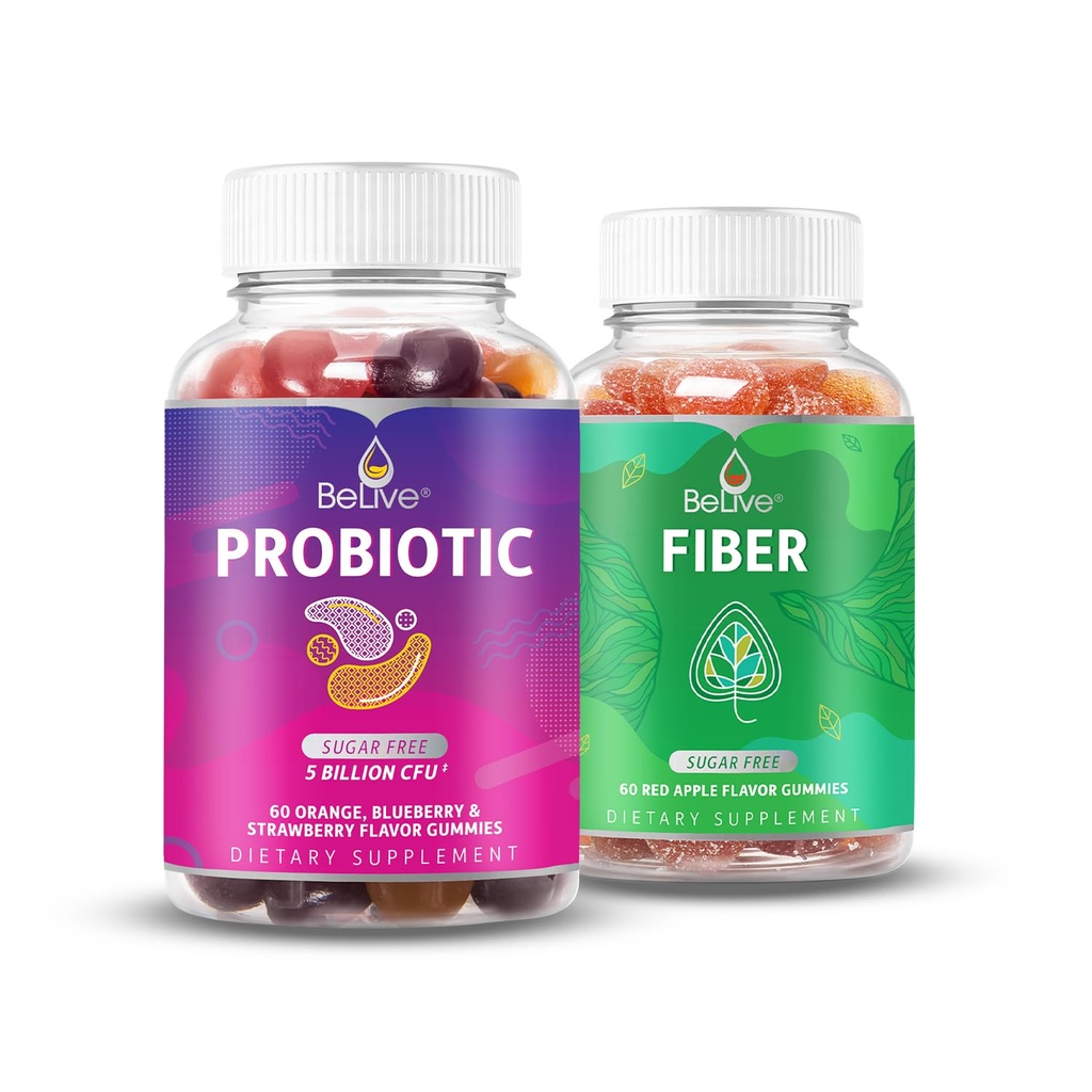 BeLive Digestive Bundle Probiotic et Gommies de fibre pour la santé digestive et Gut, sans sucre, végétalien