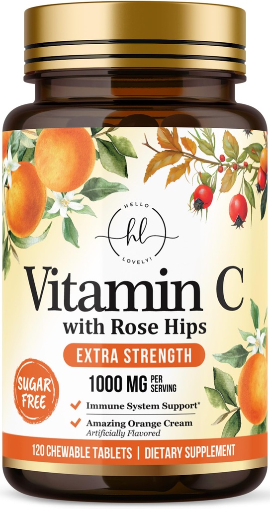 Supplément Vitamine C 1000mg - Extra force avec les bioflavonoïdes des hanches roses - Sans sucre Vitamine C Pilules à mâcher, Vit C de la nature pour le soutien immunitaire et la protection antioxydante - 120 comprimés à mâcher