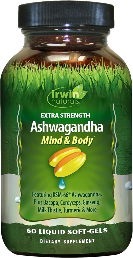 Irwin Naturals Extra Strength Ashwagandha Mind & Body Adaptogenic Herbes soutient la réponse au stress, l'humeur, la performance mentale et physique avec Cordyceps, Turmeric, BioPerine et plus - 60 Softgels liquides
