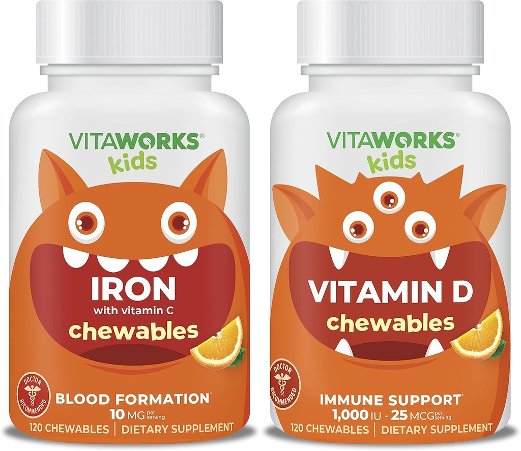 Enfants Fer 10mg + Vitamine C Chewables + Vitamine D3 1000 UI Chewables Bundle