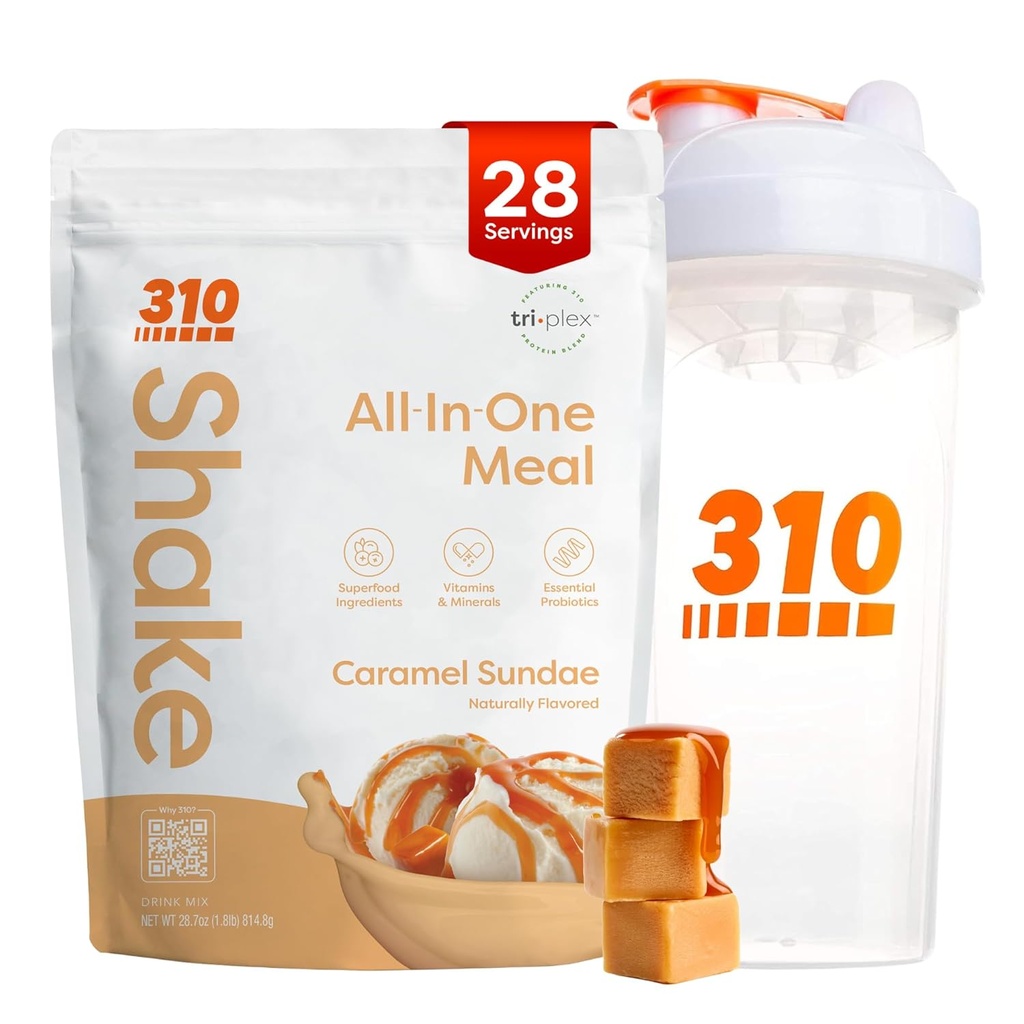 310 Nutrition All-in-One repas de remplacement Shake Powder w/Shaker Cup Starter Kit - Haute protéine fibre riche mélange végétalien Superfood - sans sucre, Keto & Paleo Friendly, Bas Carb - Caramel Sundae 28 srv