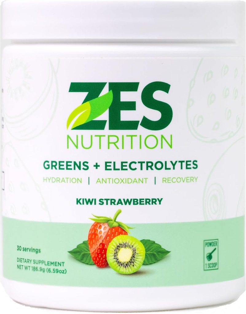 Greens + Electrolytes, Kiwi Fraise Saveur, Vegan, Non-OGM, Poudre verte, Boost vert quotidien, Supplément de poudre végétale, Electrolytes organiques, Récupération et soutien, Mélange de smoothie