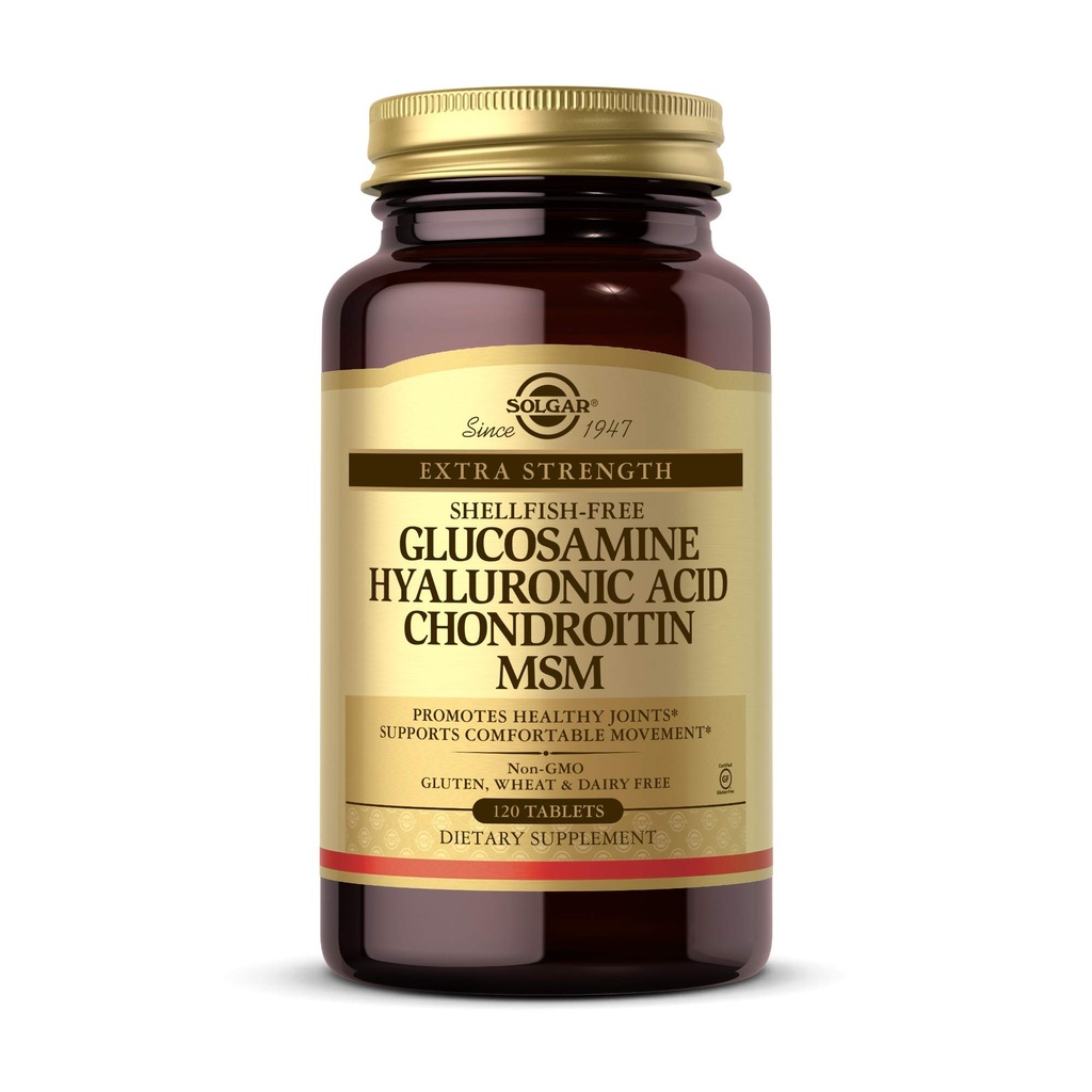 Solgar Glucosamine Acide hyaluronique Chondroitine MSM, 120 comprimés - Soutient des articulations saines - Soutient une gamme de mouvement et de flexibilité - Extra-résistance, sans mollusques - Non-OGM, sans gluten - 40 portions