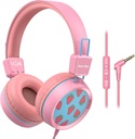 Nouveaux écouteurs Bee Kids Wired pour l'école avec Microphone KH20 HD Stereo Safe Volume Limited 85dB/94dB pliable Légèreté pour fille/Mac/Android/Kindle/Tablet/Pad (Pink)