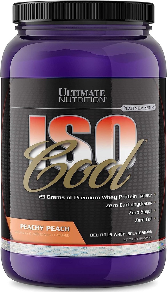 Ultimate Nutrition ISO Cool Whey Protéine Isolate Poudre, Pas de gras, Pas de sucre, Zero Carb Shake avec Bcaa, Keto Friendly Recovery Drink, 23 Grams Protéines par portion, 2 livres, Peach Parfait
