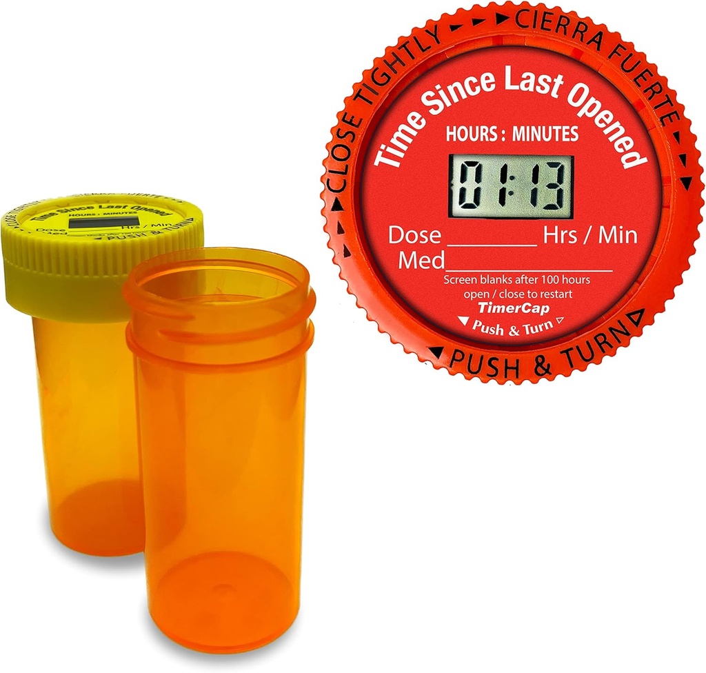 TimerCap affiche automatiquement le temps depuis la dernière ouverture - Embout intégré Smart Pill Bottle Cap Rappel de médicaments (Quty 2-1,8 oz bouteille ambre) CRC