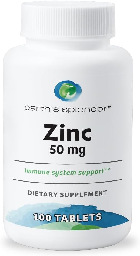 Splendor Immmune de la Terre Suppléments de soutien, avec Zinc 50mg, aide à maintenir la santé de la peau, sans blé, sans couleur artificielle ou saveur, suppléments minéraux pour les hommes et les femmes (100 comprimés)