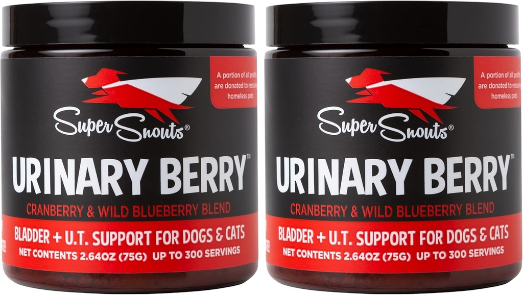 Super Snouts Urinary Berry Urinary Tract Suppléments pour chiens et chats, fabriqués aux États-Unis, aux États-Unis et au Canada Blueberry & Cranberry Powder, UTI, Rein Health Support, Bladder Support pour chiens (2,63 oz, pack de 2)
