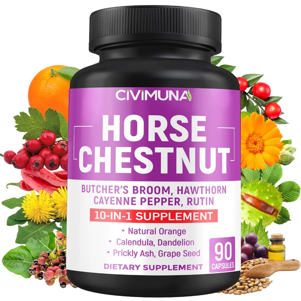 Capsules de Châtaigne de Cheval avec Châtaigne de Cheval, Broom Root de Boucher, Poivre de Cayenne et plus - 90 Capsules pour 3 mois d'approvisionnement