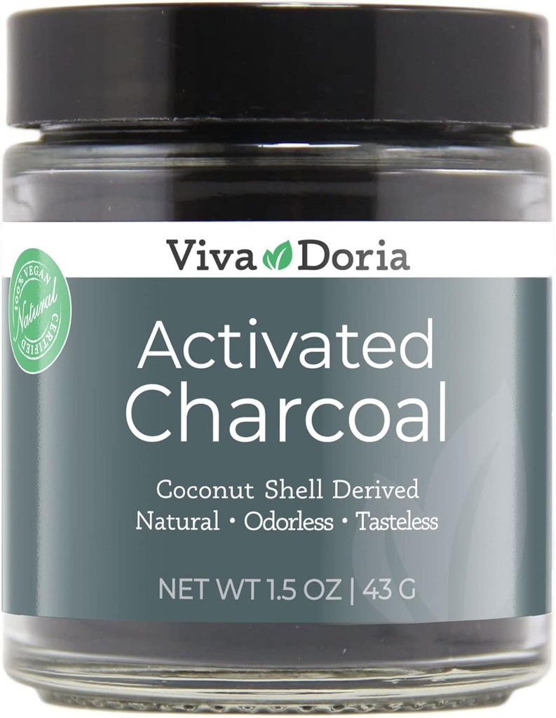 Viva Doria Virgin a activé la poudre de charbon de bois, dérivée de noix de coco, qualité alimentaire, 1,5 Oz de verre