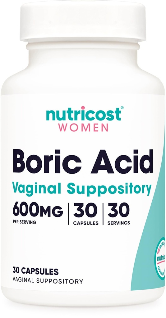 Acide borique Nutricost 600mg, 30 Capsules - Suppositoire vaginal - Non-OGM - pour les femmes