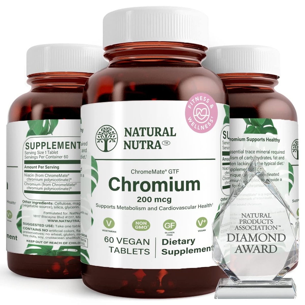 Nutra GTF naturel polymère de chrome avec ChromeMate, soutient le métabolisme du corps, promouvoir la santé du corps, santé cardiovasculaire 200 mcg, 60 comprimés végétaliens