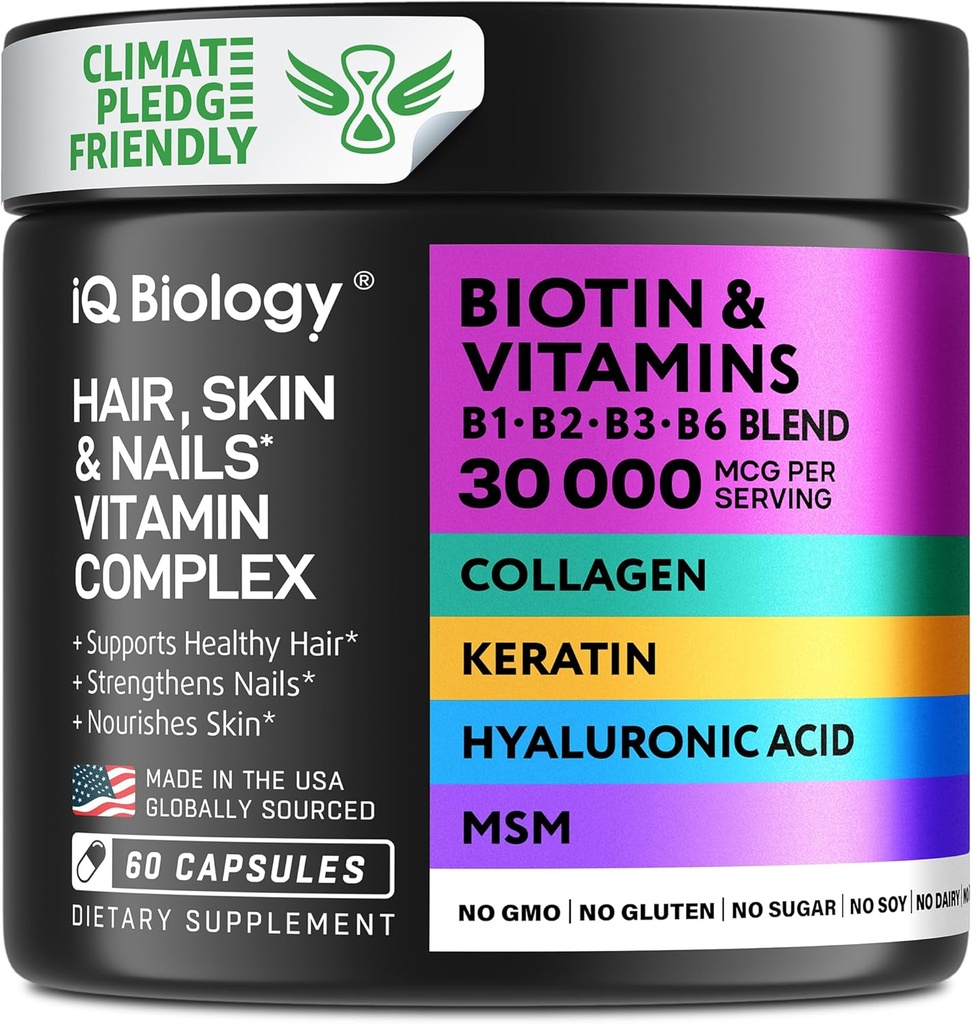 Biotine pour les femmes et les hommes de la croissance des cheveux avec kératine, Collagen Complex 30000 mcg – Capsules pour la perte des cheveux et l'épaisseur plus forte – Peau et ongles vitamines, Biotine 10000mcg et collagène suppléments - 60 pilules