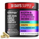 Biotine pour les femmes et les hommes de la croissance des cheveux avec kératine, Collagen Complex 30000 mcg – Capsules pour la perte des cheveux et l'épaisseur plus forte – Peau et ongles vitamines, Biotine 10000mcg et collagène suppléments - 60 pilules