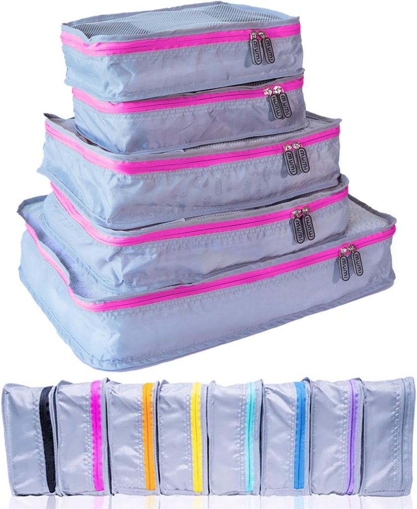 Cubes d'emballage MUMI – Cubes d'emballage à compression à 5 pièces pour les voyages, Organisateurs de bagages pour valises, Sacs de transport, Sacs à dos et Sacs à dos – Essentiels de voyage à l'espace - Rose