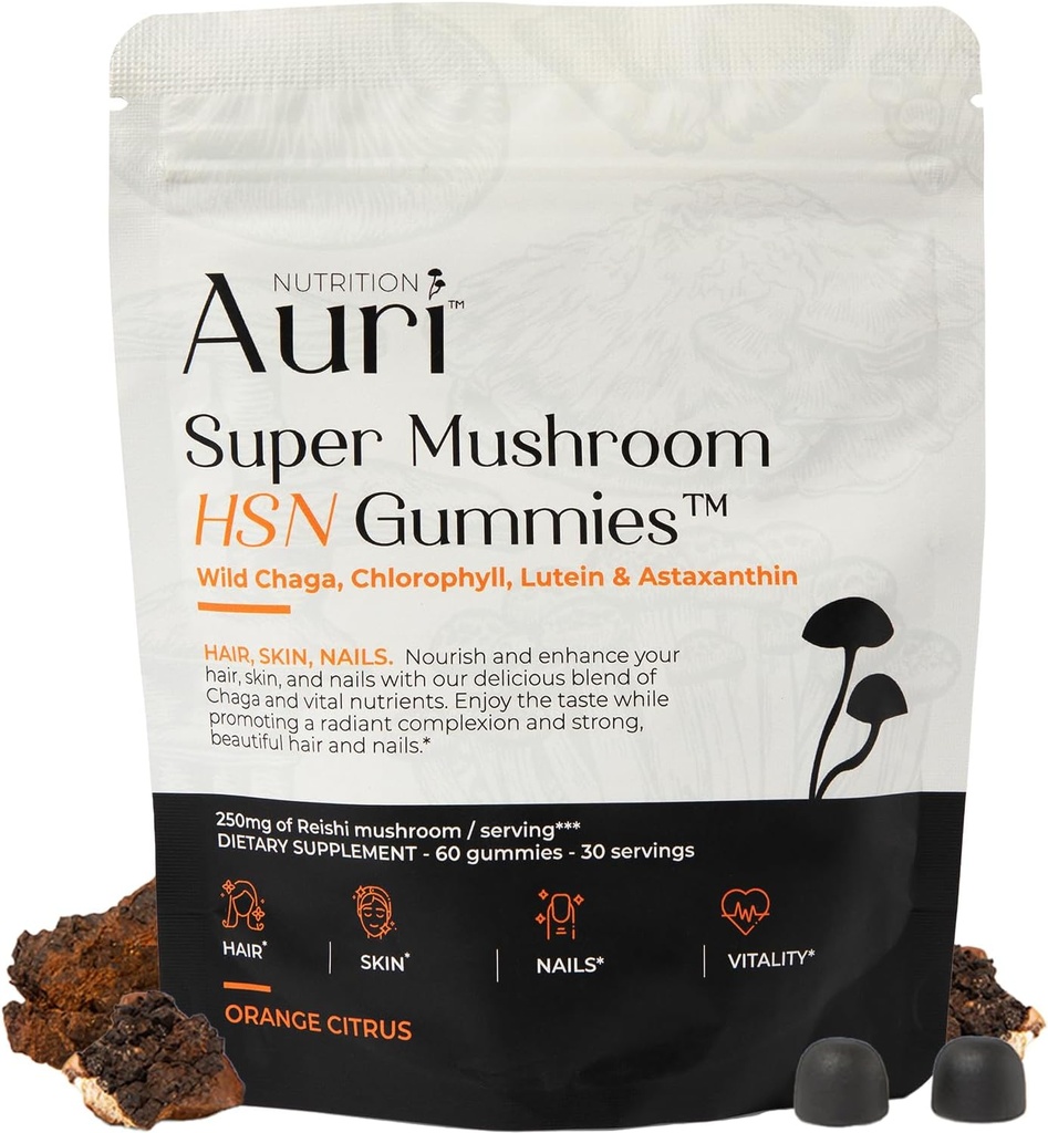Auri Super Champignon Gommies HSN - Peau de cheveux et ongles Gommies Supplément de champignons fonctionnels - avec Chaga sauvage, chlorophylle, lutéine et astaxanthine - 60 Gommies d'agrumes orange