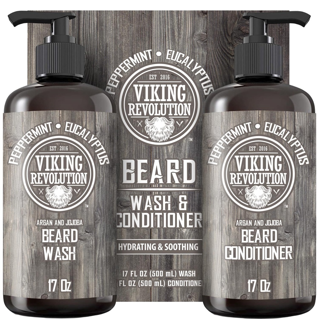Viking Revolution Laver & Conditioner Set w/Argan & Jojoba Huiles – Adoucit, lisse et renforce la croissance de la barbe - La menthe poivrée naturelle et l'Eucalyptus Scent - Shampoo (17 oz)