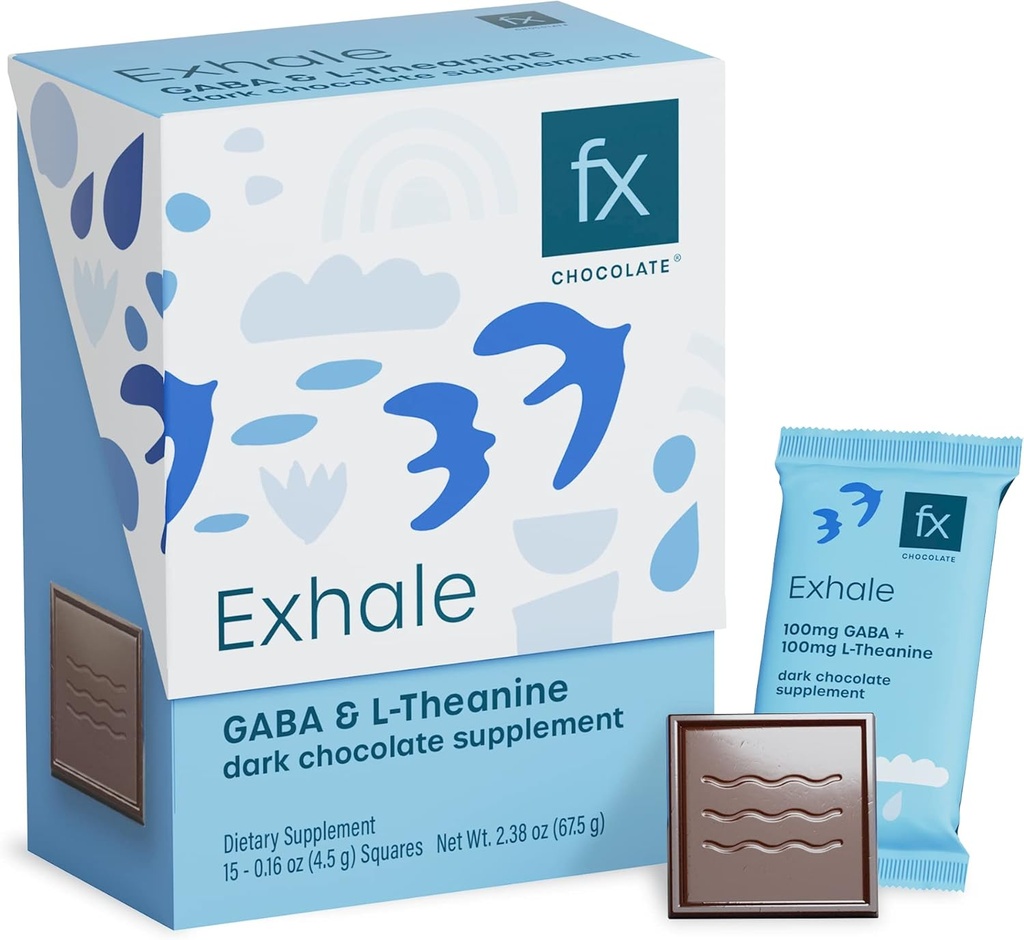 Fx Chocolate Exhale - Supplément de chocolat relaxant pour soutenir calme + réponse au stress - Cacao sans sucre avec 100mg GABA + 100mg L-Theanine - Keto chocolat noir - végétalien + non-OGM (Boîte de 15)