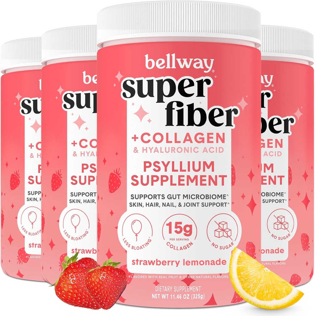 Poudre Super Fibre de Bellway + Collagène (4 packs), Poudre sans sucre de Psyllium avec Peptides de Collagène pour la santé de Gut, peau saine, ongles, os et articulations, citronade de fraise (45,84 oz)